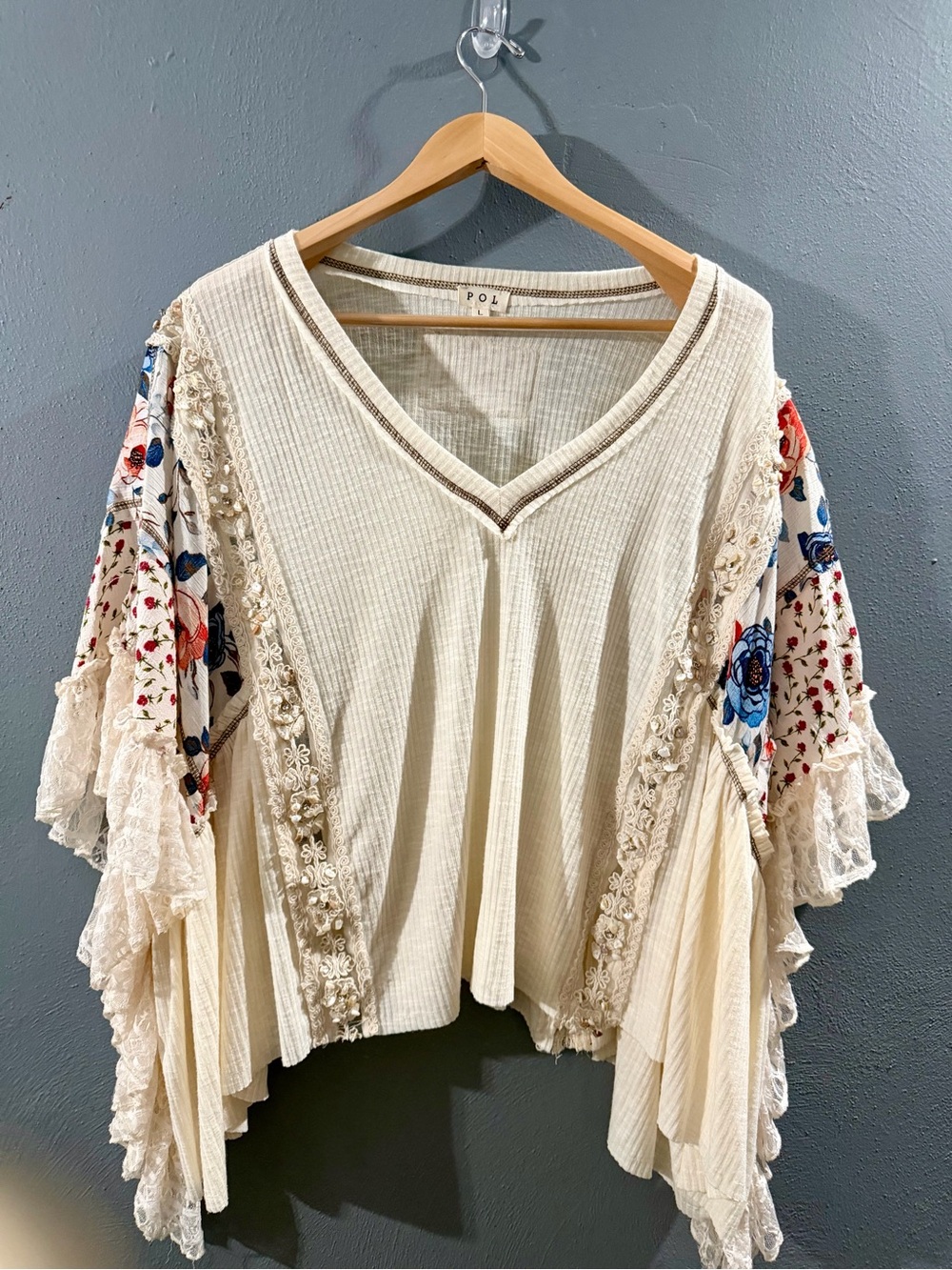 POL Cream Boho Tunic with Embroidered Floral Sleeves